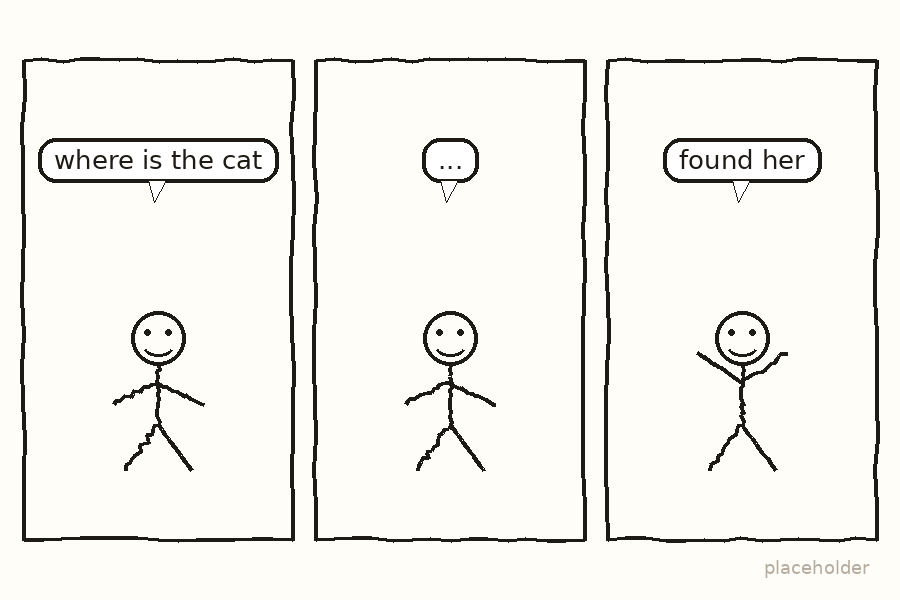 Three panels. A stick figure looks for the cat, waits, and then announces they found her.